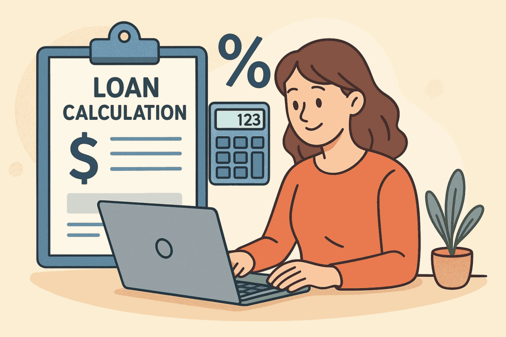 使用電腦進行信貸試算，查看貸款利率與還款金額的示意圖