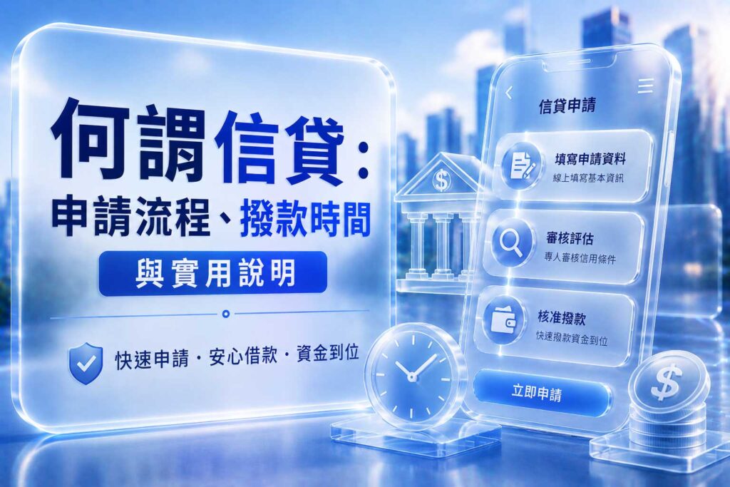 大幅藍白色科技感介面，說明信貸申請流程與撥款時間，背景有銀行大樓。br左側為主標題，右側有手機介面與金幣、時鐘等圖示。
