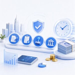 Blue infographic of a financial security process with icons for documents, checklist, stamp, shield with a check, and money stacks.