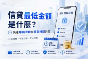 中文廣告橫幅，說明信貸最低金額與快速申請流程，畫面含手機介面顯示申請步驟、撥款與金錢圖示。