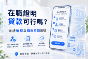 Promotional banner in Chinese about loan eligibility; large blue title and subheading with icons, plus a smartphone showing step-by-step loan application and bank/finance icons.