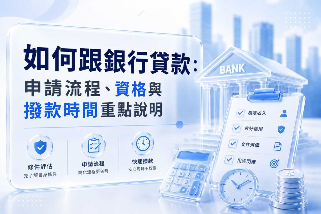Blue-toned infographic explaining how to apply for a bank loan, featuring a clipboard checklist, calculator, clock, and stacked coins with a bank building in the background.