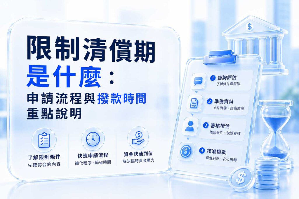 資訊圖解：限制清償期是什麼與申請流程、撥款時間的重點說明。溫和藍色調，含核心圖示。